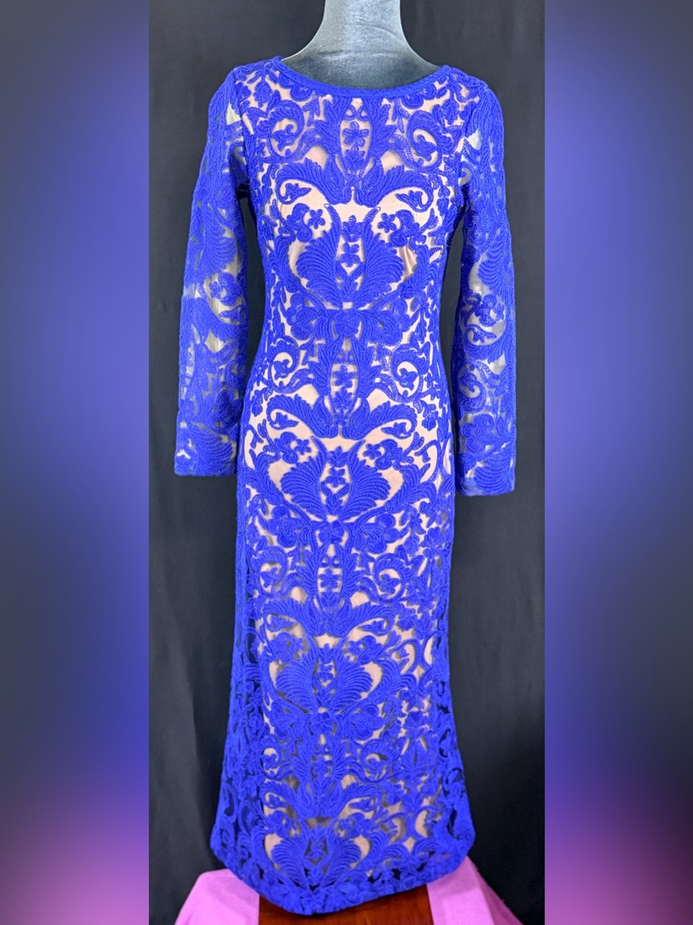 Tadashi Shoji Cobalt Blue Lace Maxi Dress Gown with Nude Underlay boat neck